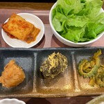 Tomari Shokudou - 厚揚げケチャップ煮、じゃがいも煮、もずく天、ゴーヤ炒め、リーフサラダ