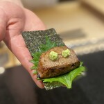 鮨 くまくら - まぐろ頭肉　磯部サンド
