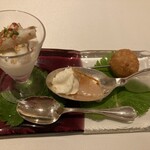 ジャンティーユ - ◉アミューズ
      　鹿肉、モ海老、カマス等の食材を使った
      　三種盛り
      　※美味さを凝縮させた盛合わせでした❗️