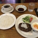 珈樹苑 - ハンバーグステーキおろしポン酢＋ライス、味付玉子、スープ、サラダ、コーヒー（900円）