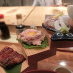 浪花ろばた 頂鯛 - ●ウナギ、まぐろユッケ、鯛とイカとサーモンの刺身～