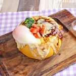Cheese loco moco with cheese volcano Hamburg and soft-boiled egg