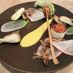 レストラン アニス - メニュー 3800円 の燻製生ハム、牡蠣、ホタテ貝ムース、金美人参