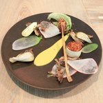 レストラン アニス - メニュー 3800円 の燻製生ハム、牡蠣、ホタテ貝ムース、金美人参