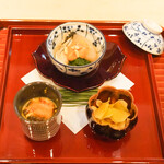 日本料理 かしづき - 伝助大根、仙鳳趾かき、あわび、くわいチップス