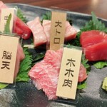 Tairyou Izakaya Maguro Ganchi - まぐろ希少部位5点盛り。どれも新鮮で旨し！特に脳天はとろけたぁ〜♥