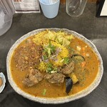 創作カレー ツキノワ - チキンカレー 1000円 +ミニキーマ 250円 +うずらスモーク 120円 辛口(2)、ターメリックライス