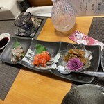 居酒屋 ろくだん - 珍味三種盛り合わせ　何回食べても美味しい。鰆の麹漬け、鮭の麹漬け、ねぶた漬けは日本酒に最高に合います。