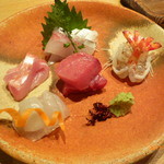 みこころや - お造り（かんぱち、車海老、メジマグロ、金目鯛、ひらめ）