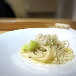 MELMOSO da dorokawa - ◆下仁田葱と燻製アーモンドのパスタ・・コース内ですから量は少なめです。