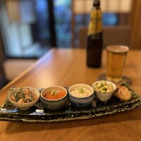 蕎麦おさめ - 蕎麦前5種盛り　　柿の白和え、鮭の塩麹
                　生湯葉刺し、青大豆の浸し豆、帆立の西京味噌焼き
                