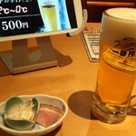 えびすの宴 - キリン一番搾り生ビール、つきだし