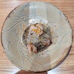 La Stalla - 霞ヶ浦の蓮根とシラウオ。シラスは毎度の福島かな？あとは自家製のボラのボッタルガ。