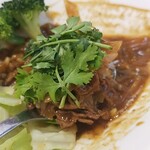 キッチン ブルー グローブ - ストロガノフの上にパクチー