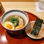 銀座 しのはら - お鍋 赤足海老(香川) ,蛤,つくね,きのこ,九条葱,煮卵,海苔