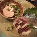 ちそう屋 コイン - 刺身３点（カマス叩き、〆鯖、アンキモ）