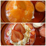 DAIBAN COFFEE cafe - 柿氷、苺氷(各1,680円)❄️上から。柿はミルク氷に果肉とそのソースのみというシンプルさ。苺にはピスタチオクリームに胡桃、練乳、ソースと盛り沢山！