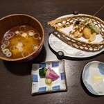 Yumoto Fuboukaku - なめこ汁 蟹つみれアーモンド揚げ 茄子 青唐 稲穂 お新香三種盛