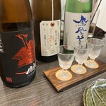 Sakedokoro Kawasemi - 日本酒飲み比べ（岩手県赤武/新潟県荷札酒/茨城県鳳凰美田）