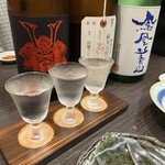 Sakedokoro Kawasemi - 日本酒飲み比べ（岩手県赤武/新潟県荷札酒/茨城県鳳凰美田）