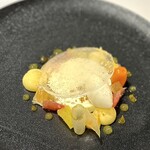 Le K - ⑮ベルガモットのパンナコッタ、柚子のコンフィ、レモンシャーベット、マリーゴールド風味