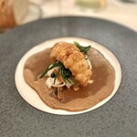 De Bokkedoorns - ⑧手長海老のロースト、グラスワート(アッケシ草)、イカのペースト、柔らかい平打ち麺、手長海老のビスク