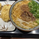 Marugame Seimen - 肉がさね玉子あんかけうどん　さつまいも天と海老天