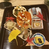 馬車道 大かわ - 八寸　鯖寿司 。春菊と新いくらとしめじ。
                    胡桃豆腐。粟麩の田楽。磯つぶ貝。いわしのみぞれ合え。穴子煮凝り。