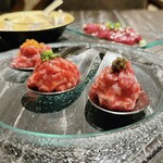 Yakiniku Sejong - 王様のユッケ盛(ーロユッケ、からすみのせユッケ、キャビアのせユッケ)