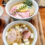 ユナイテッド ヌードル アメノオト - 昆布水つけ麺(塩)麺増し100gにチャーシュー増し