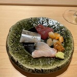 すが弥 - お刺身盛り合わせ：鰯、鰹、小柱、笛鯛 2023年12月