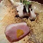 旬菜ステーキ処 らいむらいと - ②桜姫鶏のササミと栗のモロミ風味・合鴨のスモークオレンジ