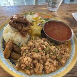 東新宿 サンラサー - あいがけカレー+カレー味玉+ごぼうのアチャール(少し)