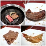 叙々苑 - ◆焼いていま～す。 ＊赤身肉も柔らかお肉の甘みを感じて美味しい。 ＊カルビも脂が程よく、これも柔らかく美味しい。 ＊海老チャンは勿論美味しい。 このお値段で頂くお肉としては、上質ですね。