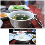 叙々苑 - ◆スープも若布タップリで、いいお味。 ◆ご飯もツヤツヤ、お写真は普通盛りですが大盛りにもできます。