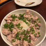 日本料理 太月 - 量少なめコース２３１００円。合鴨ミンチと温玉のミニ丼。望月大将にとっては少なめでも。。。笑
