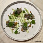 プチレストラン ブーケ・ド・フランス - 真鯵を軽く炙り山葵と燻製醤油とポワヴル ノワール