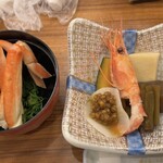 Nishitaniya Kaika - カニ入り味噌汁、甘エビの旨煮、こうや豆腐、カボチャ、もろみみそ