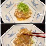 四季彩ダイニング　春 - ◯天然トラフグの刺身〜自家製のちり酢で〜
      ‥トラフグの身と皮の“てっさ”を自家製のちり酢で和えてあります。
      プリプリの身とコリコリ皮の食感に、
      ピリッとしたちり酢がとんでもなく合う！(*´Д｀*)