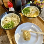 山越うどん - 冷たいしょうゆとかまたまの2種類をいただきます。