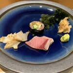 代官山 鮨 たけうち - ブリ、ホッキ貝、鯵のガリ巻き