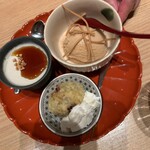 Sobadokoro Karin - 甘味プレート  蕎麦プリンと蕎麦アイスにそば大福の生クリーム添え
