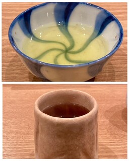 Akanezaka Oonuma - 上は最後にいただいた煎茶
                        下は食事の際にいただいたほうじ茶