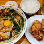 桜木屋 - ニラそば+鶏の唐揚げ+ライス　870円+390円+120円