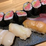 Tachinomizushi Katsukichi - 貝三点盛り(コリっと甘い)  自家製しめ鯖　大きく甘い！