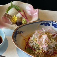 一舞庵 - お作り三点盛り、水菜とパリパリ麺とかまぼこスライスのスープ仕立て