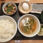 なか卯 - こだわり卵朝食（ご飯大盛）とん汁変更、鶏小鉢