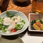 Tanjiya Bunzou - あん肝ポン酢、海老とベビーリーフのサラダ