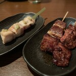 空鶏 - おまかせ8本1,300円。←から、ささみ、牛ねぎ、肝。