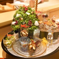 銀座 しのはら - クリスマスツリーの八寸：庄内麩のチーズはさみ、堀川ごぼう、たらの白子、しまえぎの紹興酒漬け、かまぼこ、鱒のからすみ、スルメイカ塩辛、きじせりのお浸し、栗渋皮煮餡掛け、蛸柔らか煮